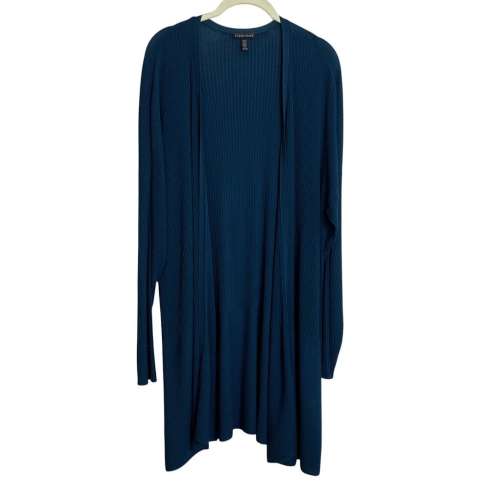 Eileen Fisher Open Front Cardigan XL Dark Teal Longline Rib Knit Tencel Nylon